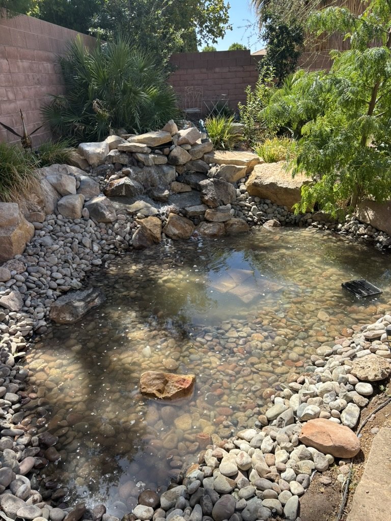 Backyard pond and natural stone water feature